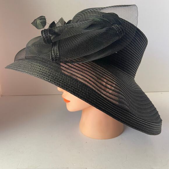 Autumn Hat Ladies Church Sun Funeral Wide Brim Feathers Mesh  Straw Adjustable - Picture 2 of 7